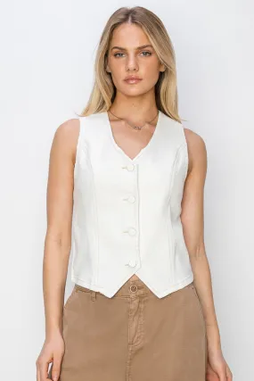 White V-Neck Button-Down Vest – Tailored Cotton Sleeveless Top