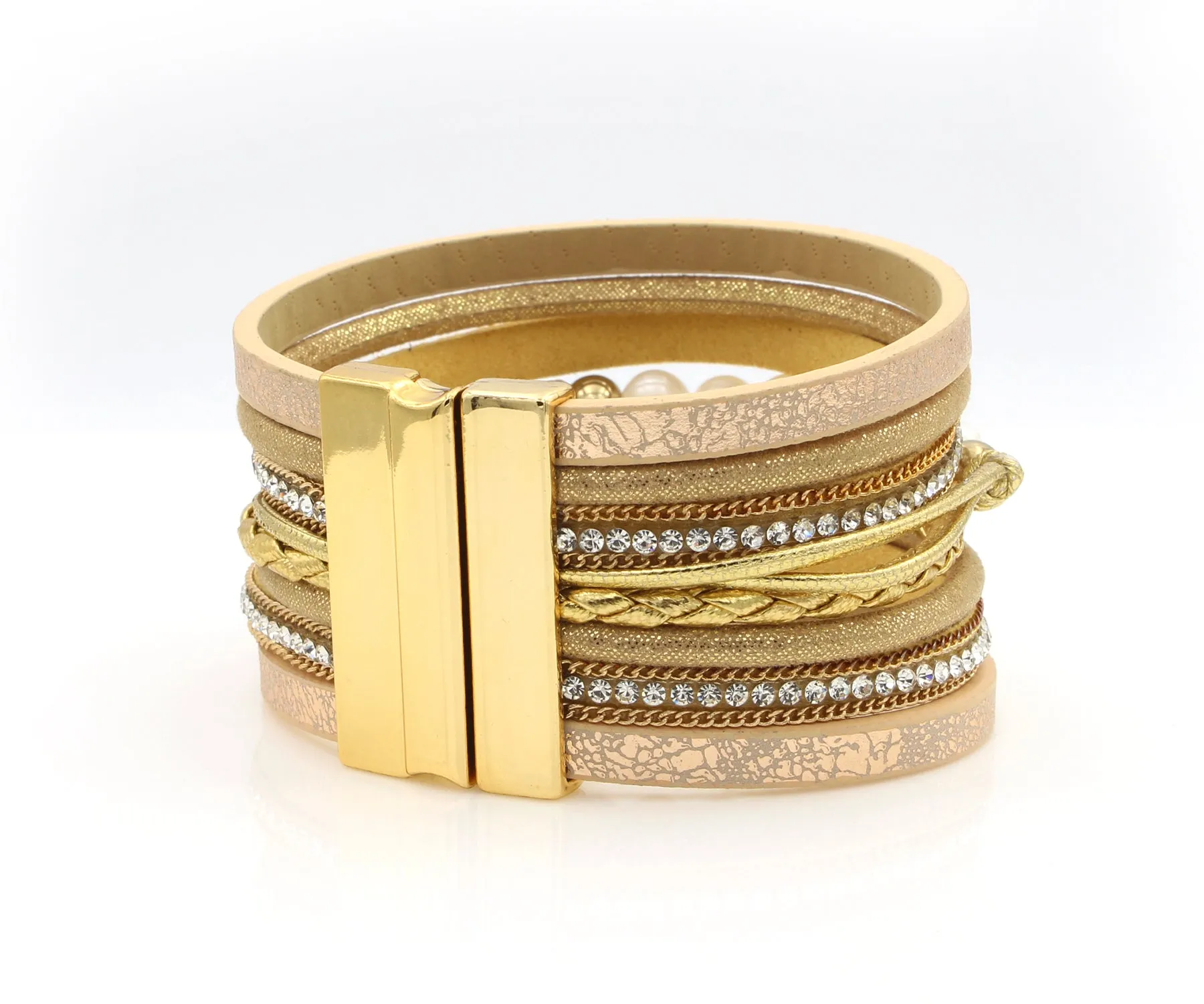 Wide Gold Sparkly Leather Pearl Bracelet