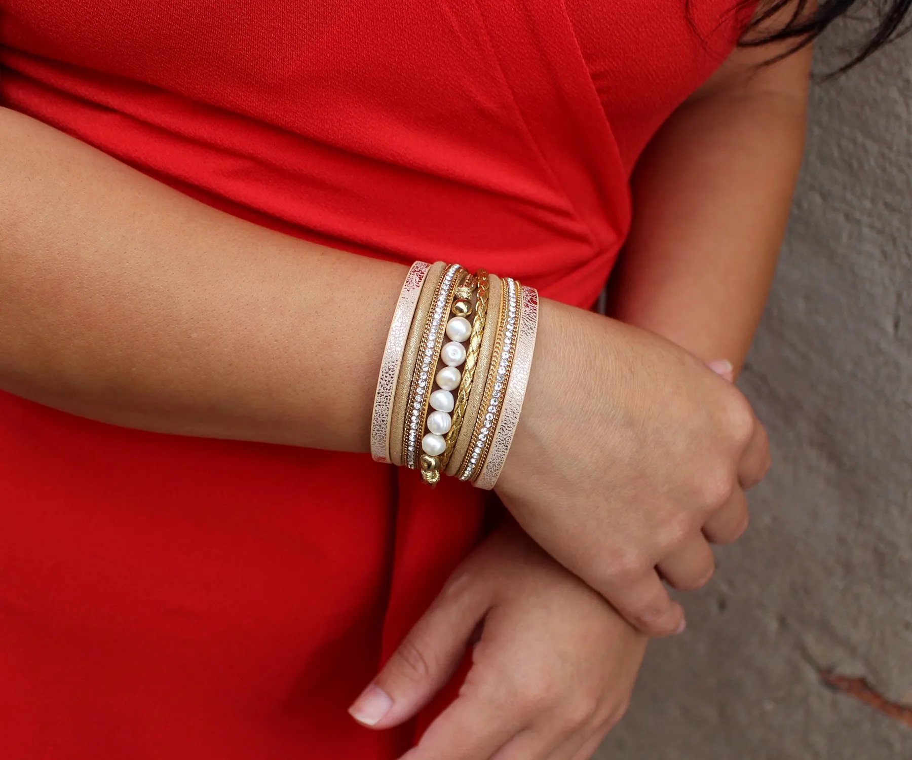 Wide Gold Sparkly Leather Pearl Bracelet