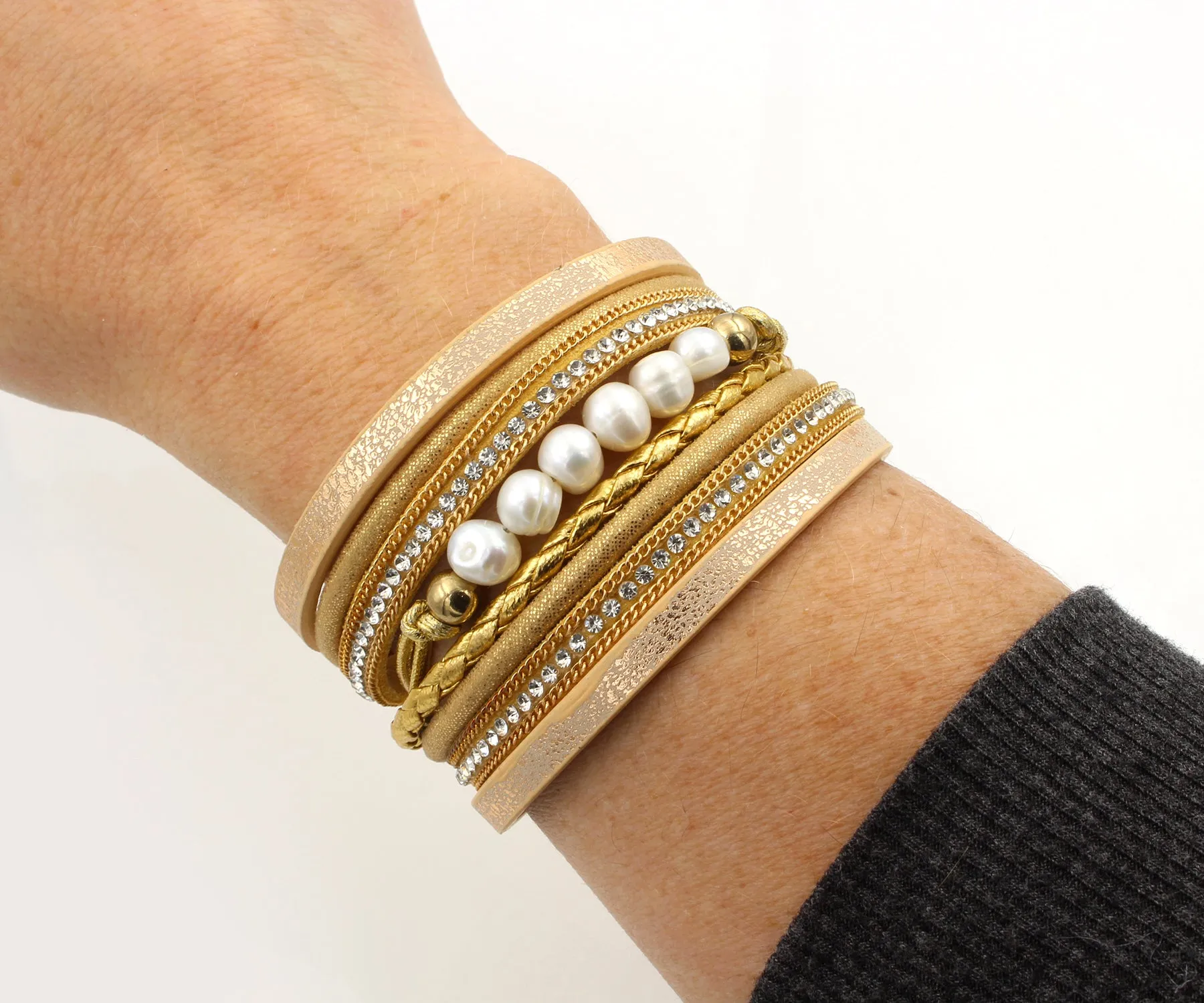 Wide Gold Sparkly Leather Pearl Bracelet