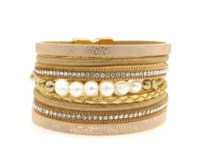 Wide Gold Sparkly Leather Pearl Bracelet